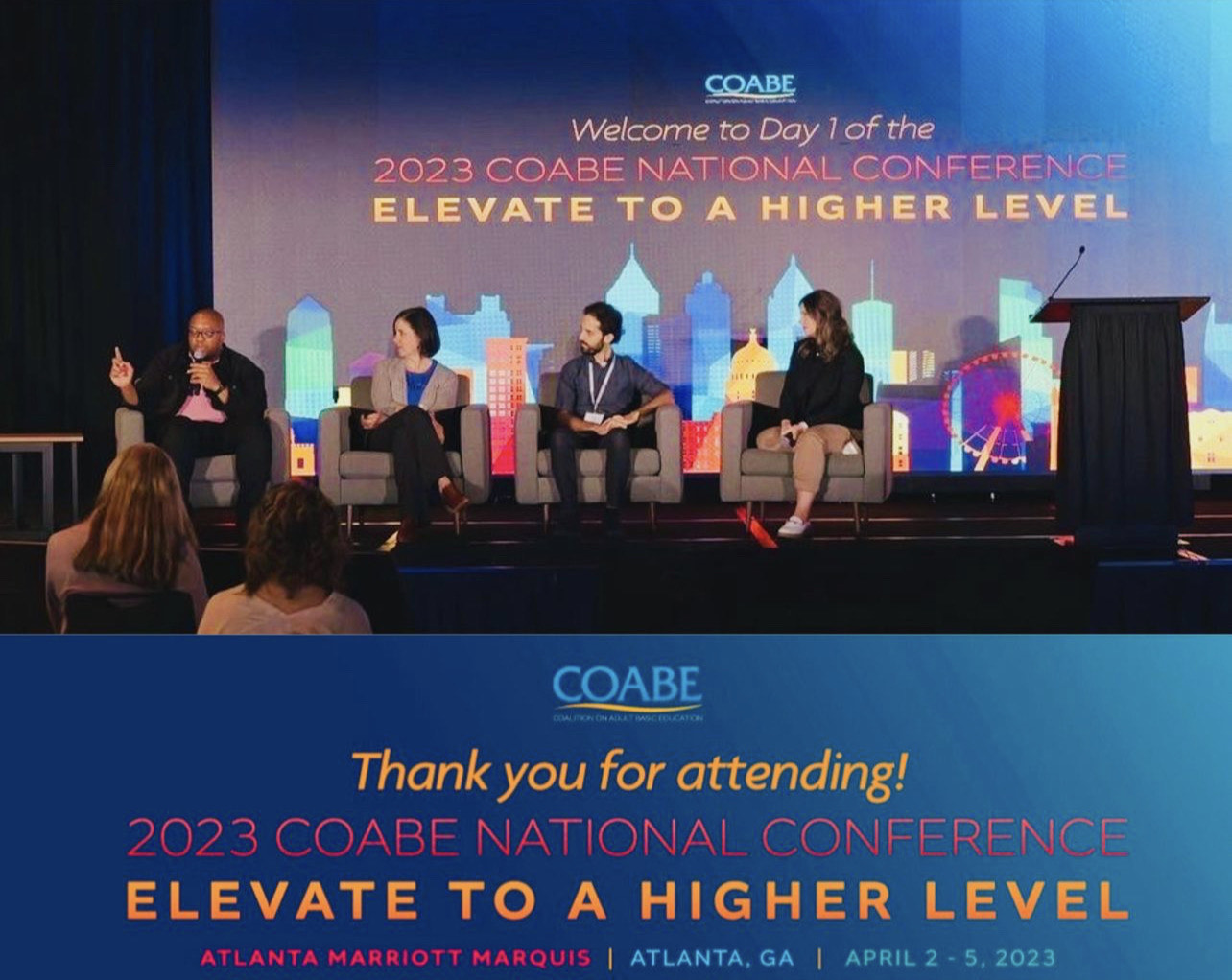 A montage of the COABE 2023 stage panel and conference banner.