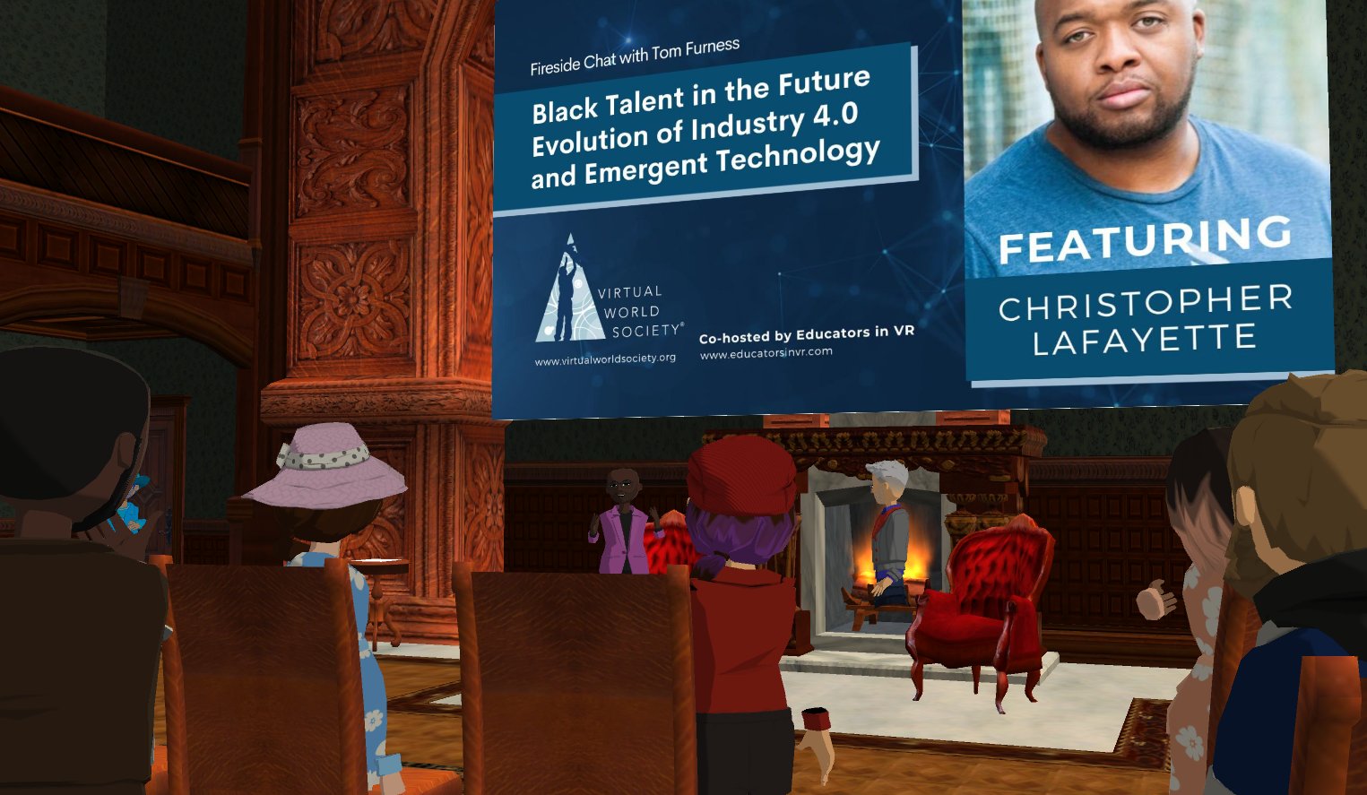 An immersive virtual venue with avatars watching fireside chat artwork featuring Christopher Lafayette.