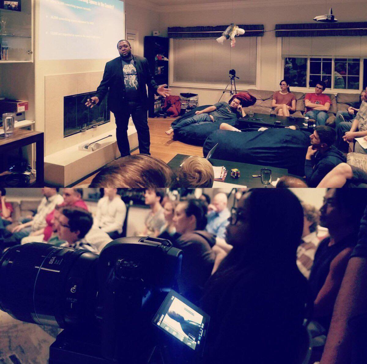 Christopher Lafayette presents to a seated audience in a living-room setting.