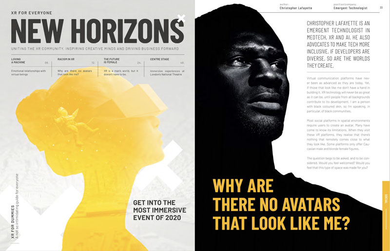 New Horizons magazine cover beside an article page headed “Why are there no avatars that look like me?”