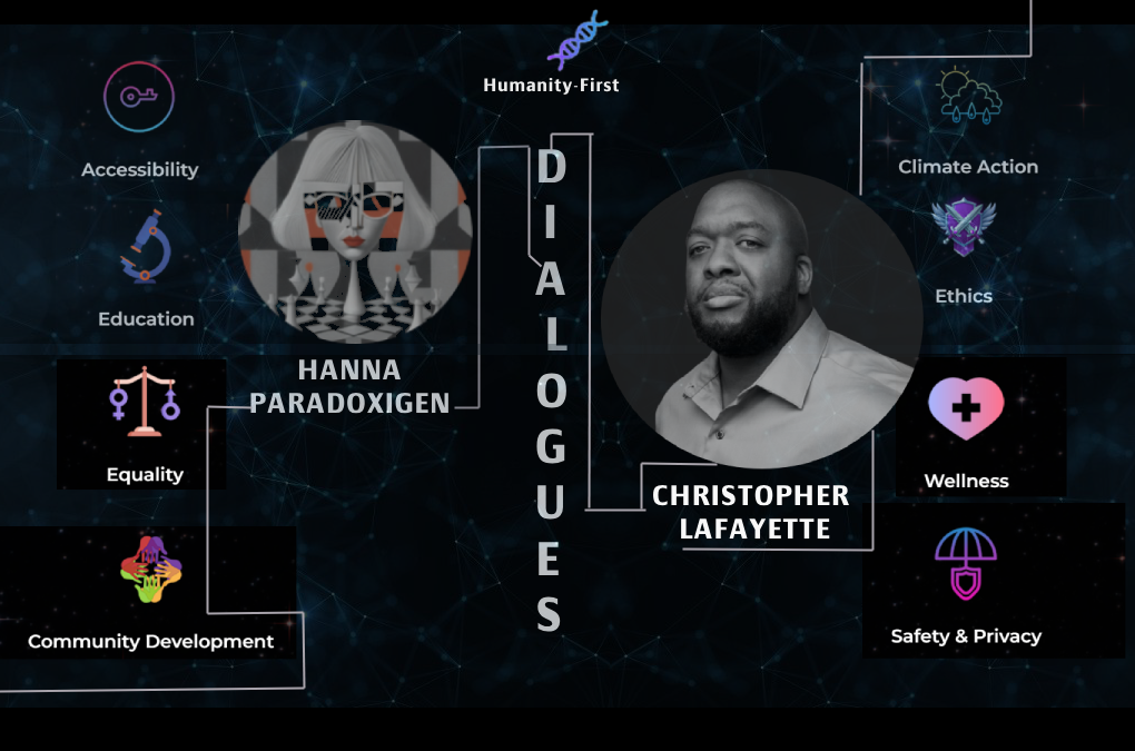 GatherVerse dialogue artwork with Hanna Paradoxigen, Christopher Lafayette and humanity-first themes.