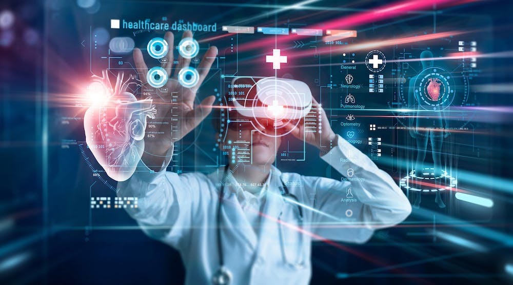 Article illustration of a person wearing a VR headset amid medical interface graphics.