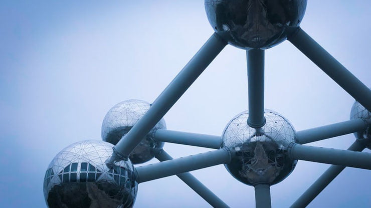 A close view of the Atomium’s connected metallic spheres in Brussels.