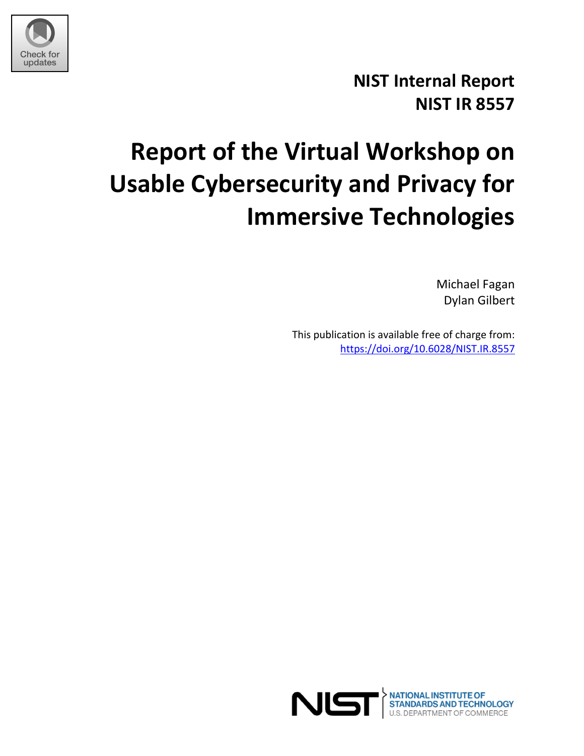 The original first page of NIST IR 8557, Report of the Virtual Workshop on Usable Cybersecurity and Privacy for Immersive Technologies.