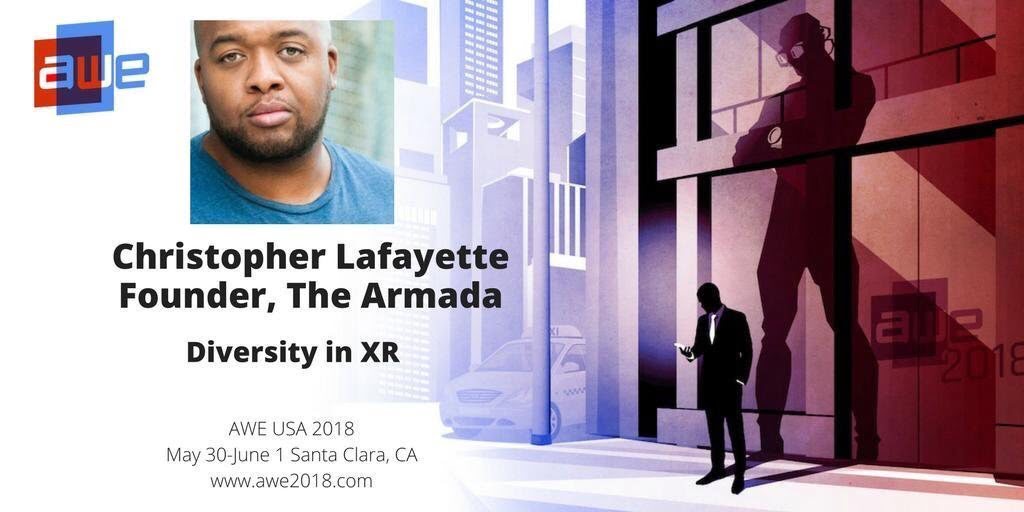 AWE USA 2018 speaker artwork names Christopher Lafayette and the Diversity in XR session, beside a stylized city scene.