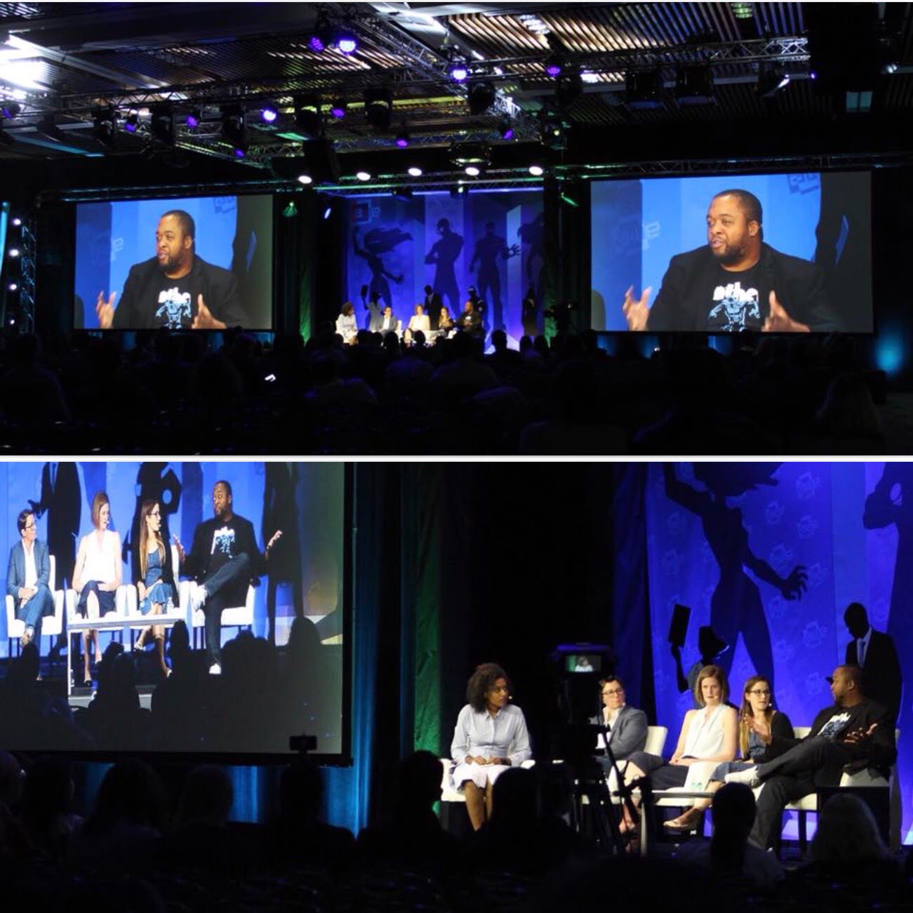 A three-image collage shows an AWE panel on stage and Christopher Lafayette speaking on the venue’s large screens.