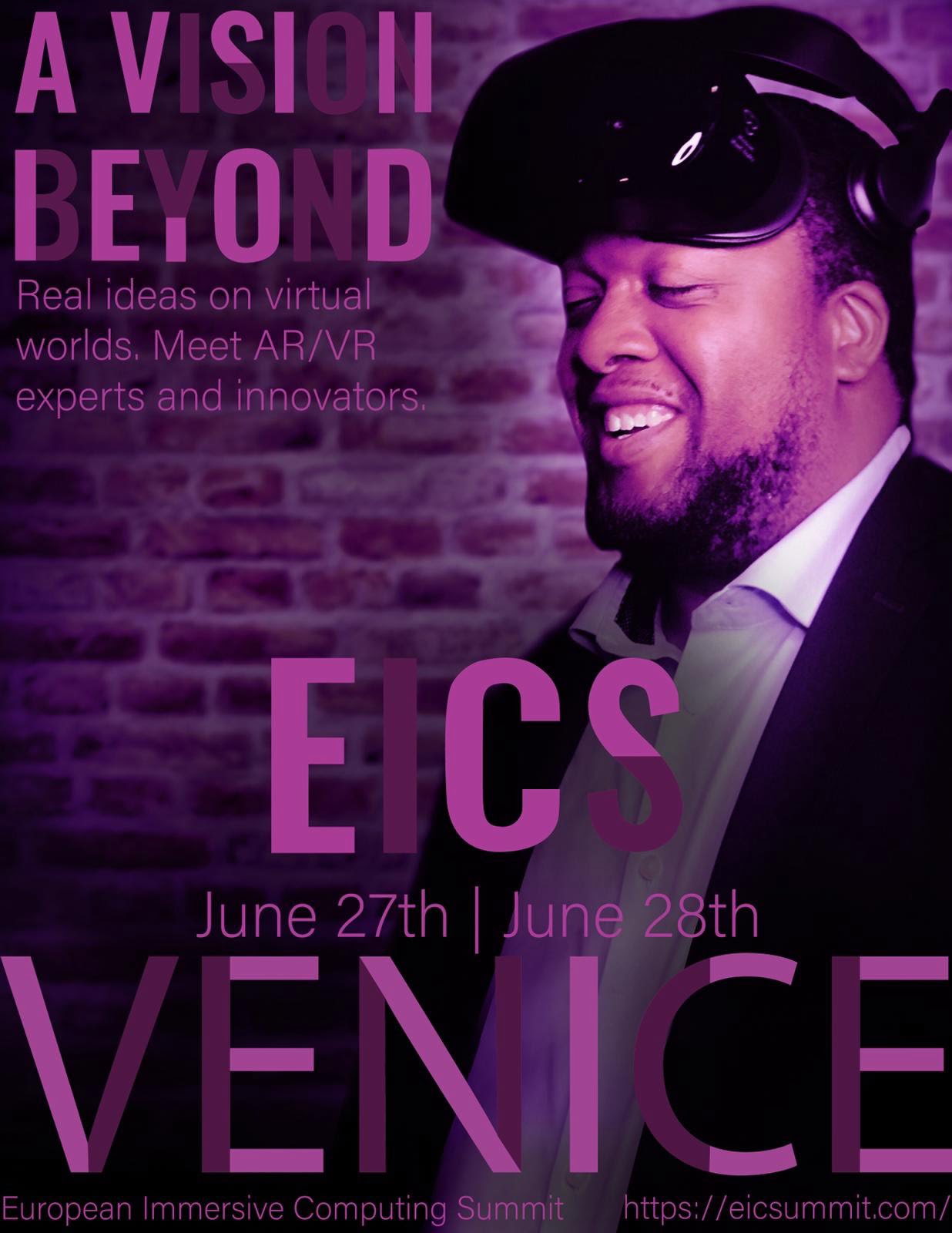 Purple EICS event artwork shows Christopher Lafayette wearing a VR headset above his eyes and announces June 27–28 in Venice.