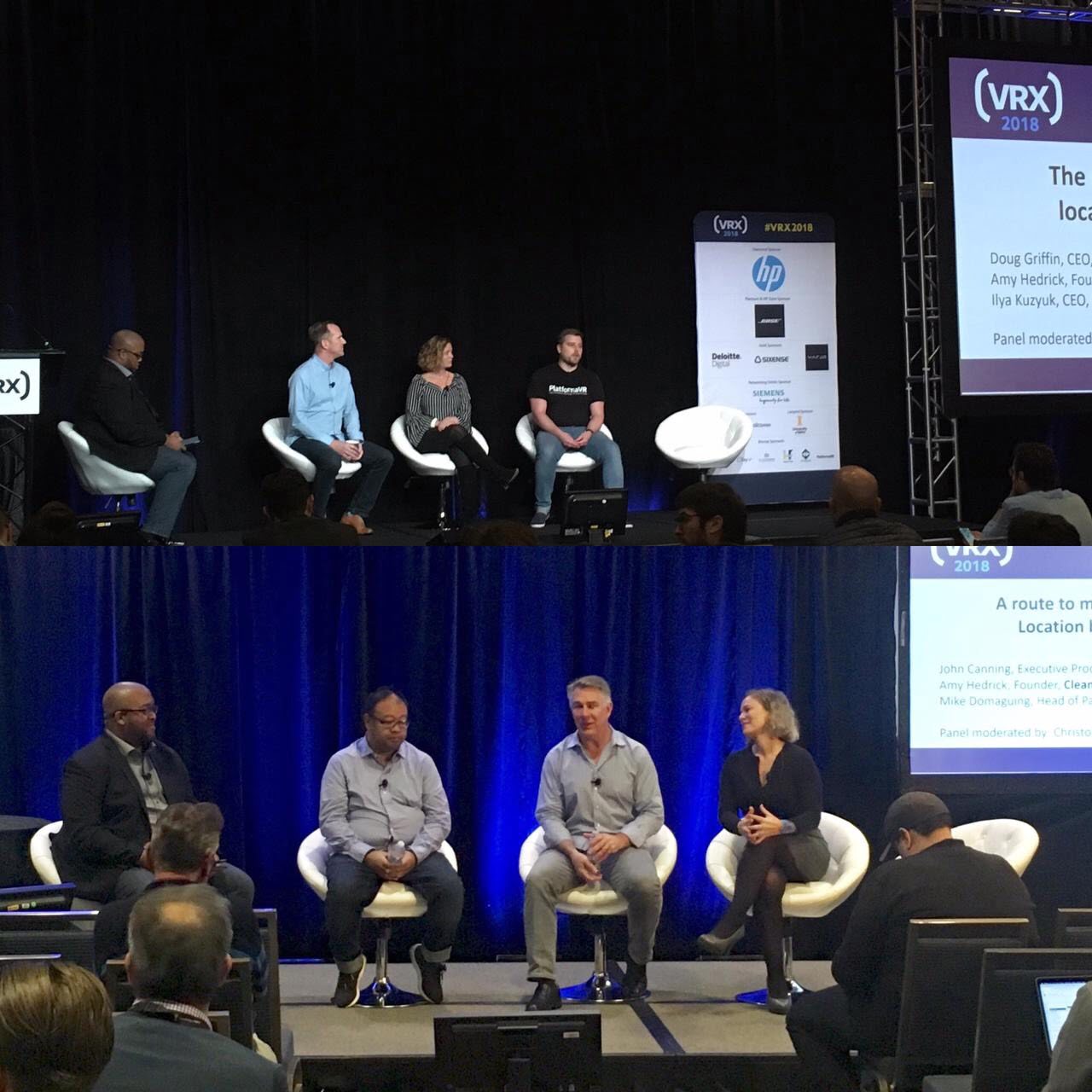A two-image collage shows Christopher Lafayette moderating panels on location-based virtual reality at VRX 2018.
