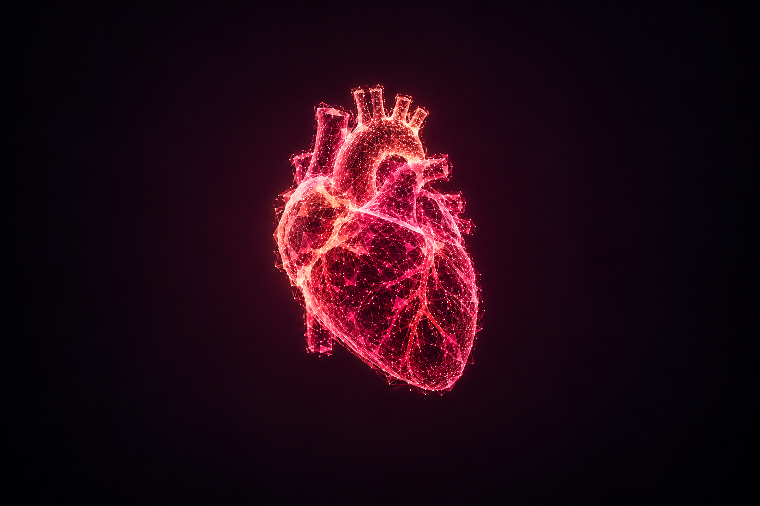 An abstract anatomical heart formed from luminous coral and rose mesh.